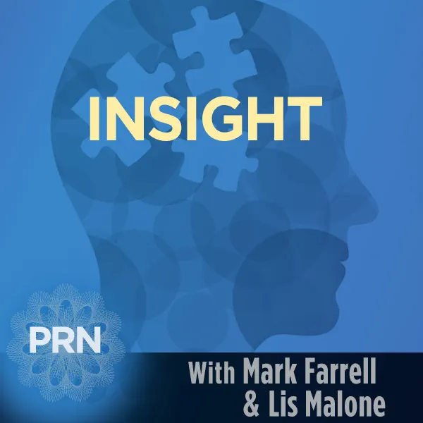 Blue graphic logo for the Insight radio show, featuring a silhouette of a head filled with puzzle pieces. Text reads: “INSIGHT with Mark Farrell & Lis Malone. PRN.